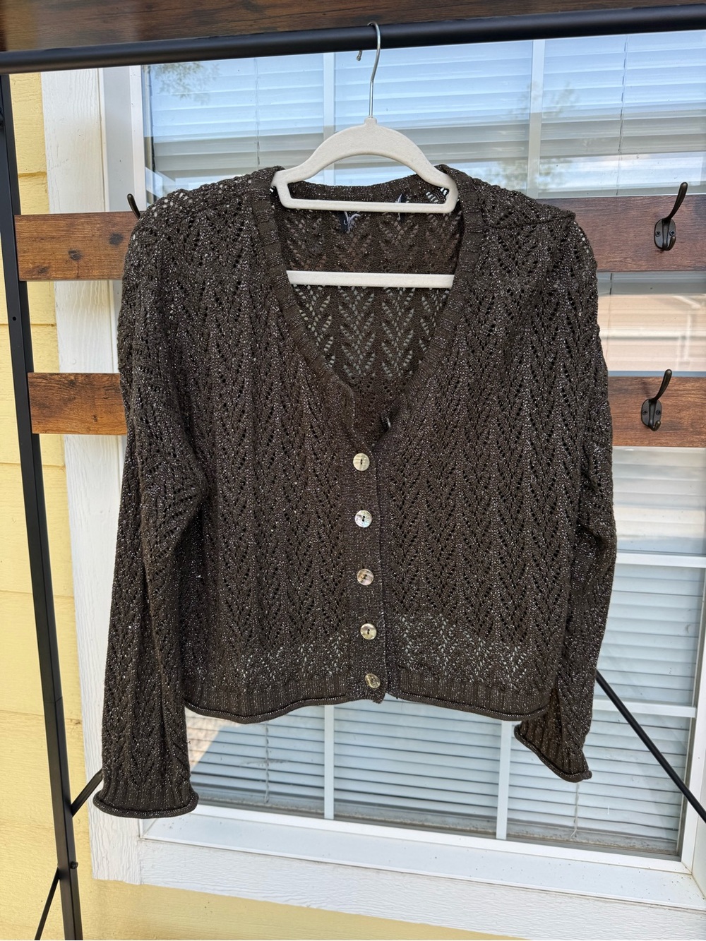 Brown Open-Knit Button Front Women's Sweater Cardigan